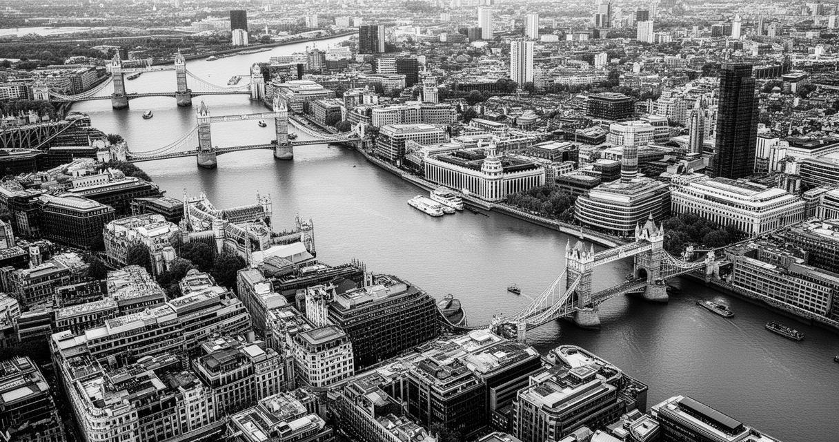 Affiche plan de Londres (Royaume-Uni) en noir et blanc : guide des monuments emblématiques de la capitale